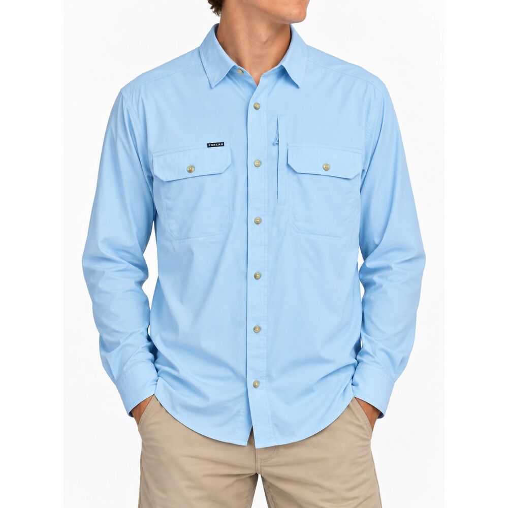 Poncho Shirt Mens Medium Blue Slim Fit Button Up Long Sleeve Magnetic Pockets